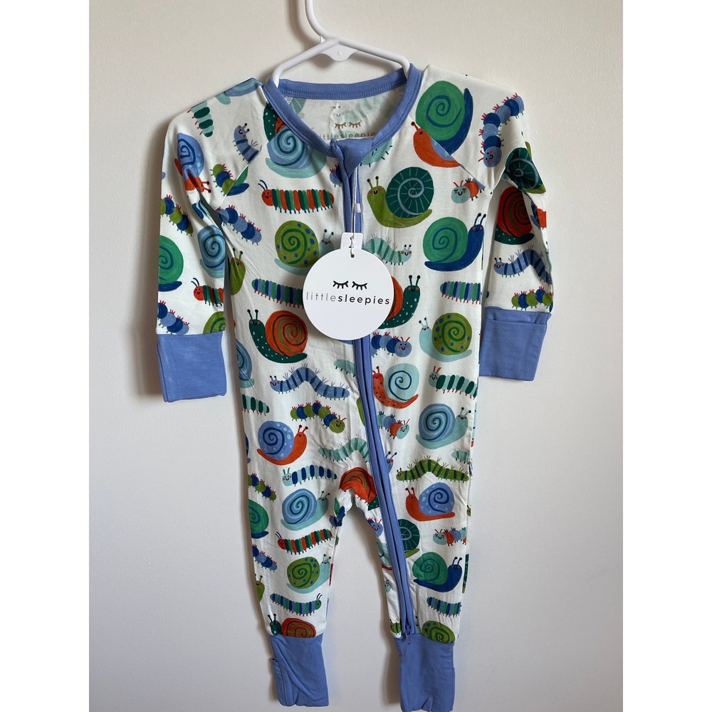 Little Sleepies Snails & Slugs Bamboo Zippie Pajamas Blue 6-12 Months NWT